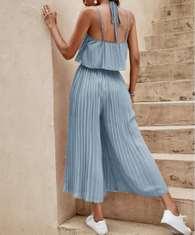 Women's Summer Solid Color Vacation Loose Suit Strap Backless Thin Romper Streetwear INS One-Piece Outfit Beach Style Striped Wide Leg Trousers Casual Suit