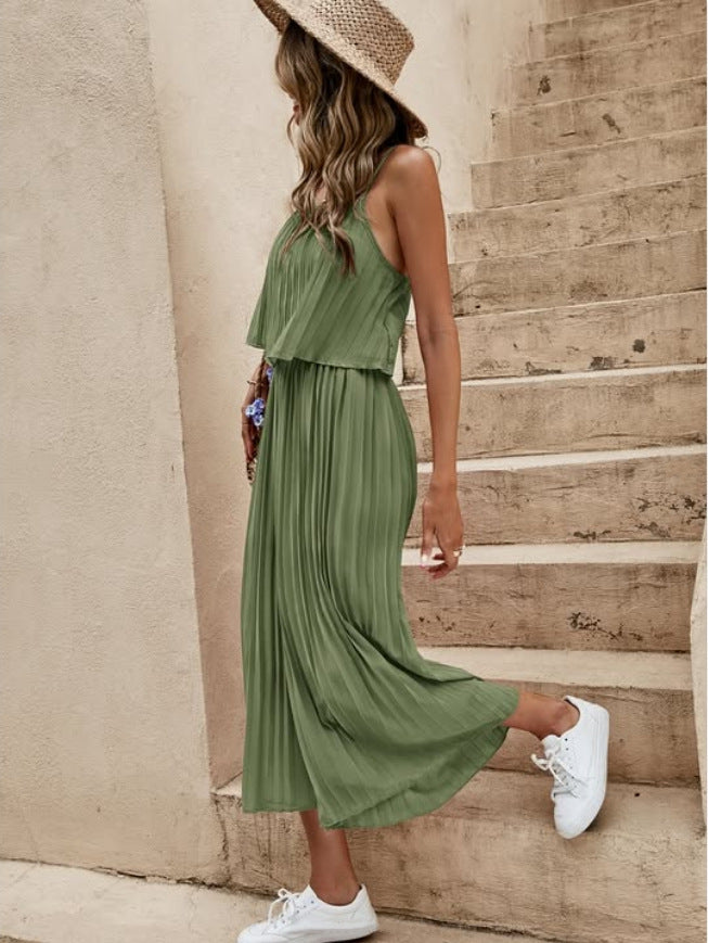 Women's Summer Solid Color Vacation Loose Suit Strap Backless Thin Romper Streetwear INS One-Piece Outfit Beach Style Striped Wide Leg Trousers Casual Suit